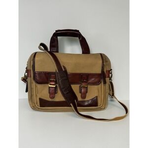 Bosca Leather & Canvas Messenger Bag Briefcase Tan & Brown Attache Laptop Work